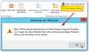 Mit Explorer öffnen - Meldung von Webseite - Beim Öffnen dieses Speicherorts im Datei-Explorer liegt ein Problem vor.