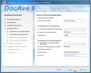 Installationsassistent von DocAve Manager für SharePoint - Control Service-Konfiguration
