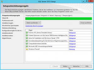 SQL Server 2012-Setup - Setupunterstützungsregeln - Windows-Firewall Warnung