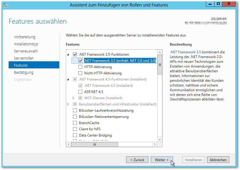 Server Manager - Assistent zum Hinzufügen von Rollen und Features - .NET Framework 3.5 Installation