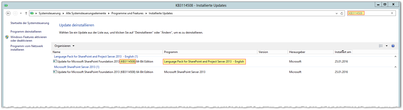 Installierte Updates - KB3114508 - Die Installation ist abgeschlossen - zweite Komponente installiert