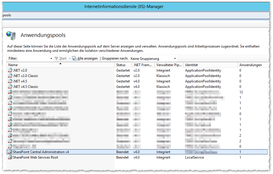 Internetinformationsdienste (IIS)-Manager - Liste - Anwendungspools - SharePoint Central Administration v4 - Beendet - Stopp