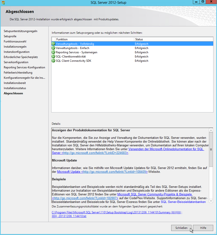 SQL Server 2012 - Reporting Services - Abgeschlossen - Zusammenfassungsprotokolldatei