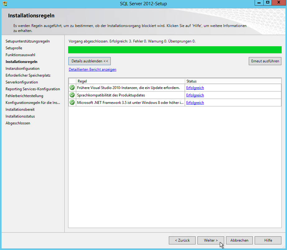 SQL Server 2012 - Setup - Installationsregeln - Status Erfolgreich