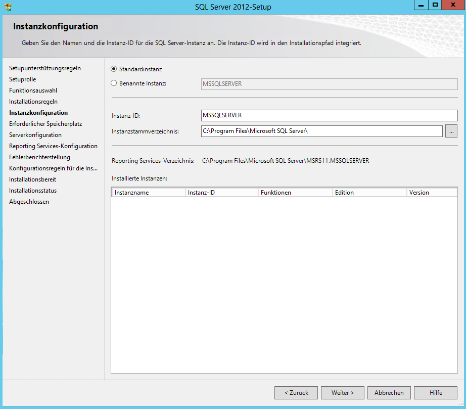 SQL Server 2012 - Setup - Instanzkonfiguration - Standardinstanz - MSSQLSERVER - Reporting Services-Verzeichnis