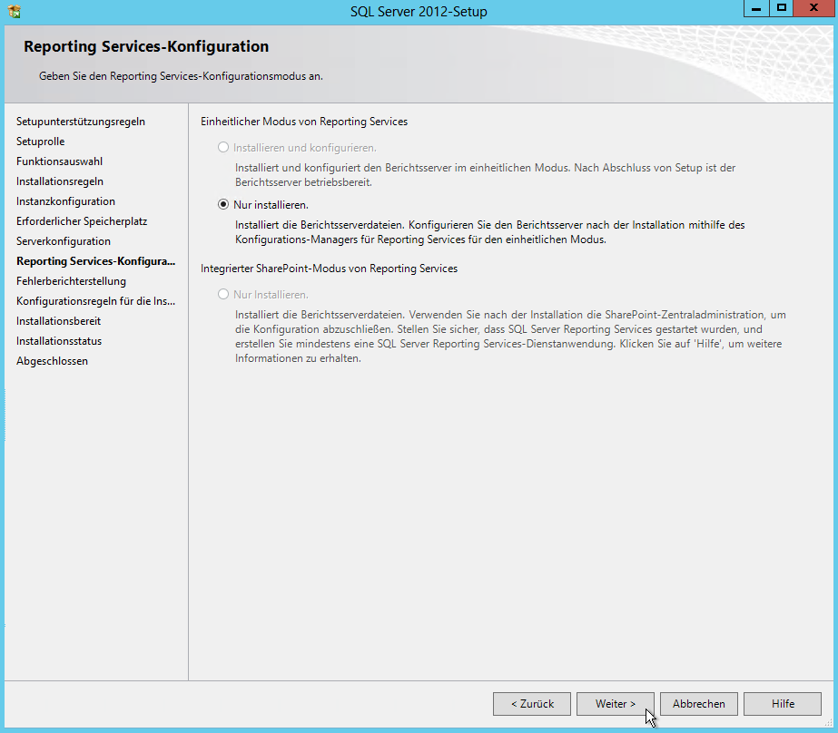 SQL Server 2012 - Setup - Reporting Services-Konfiguration - Nur installieren