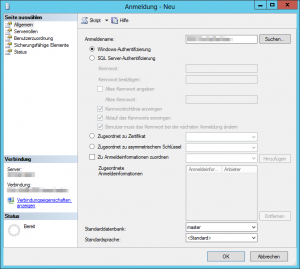 SSMS - SQL Server Management Studio 2012 - Anmeldung - Neu - Allgemein - Windows-Authentifizierung