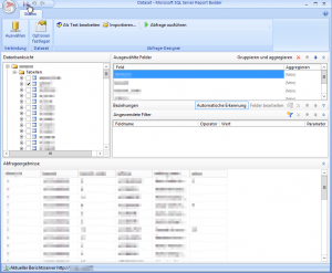 Report Builder - Dataset - Datenbankansicht - Tabellen - Ausgewählte Felder - Abfrageergebnisse - Speichern Button - SharePoint 2013 - SSRS