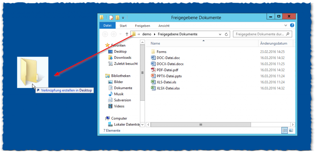 Demo - Dokumente - Bibliothek - Freigegebene Dokumente - Windows-Explorer - Desktop-Verknüpfung - Link - SharePoint 2013