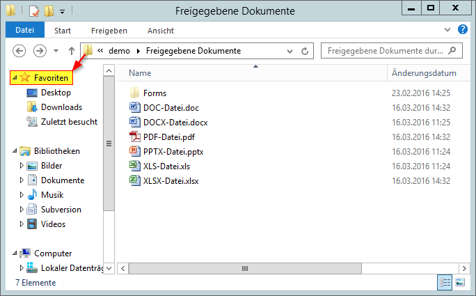 Demo - Dokumente - Bibliothek - Freigegebene Dokumente - Windows-Explorer - Favoriten-Verknüpfung - Link - SharePoint 2013