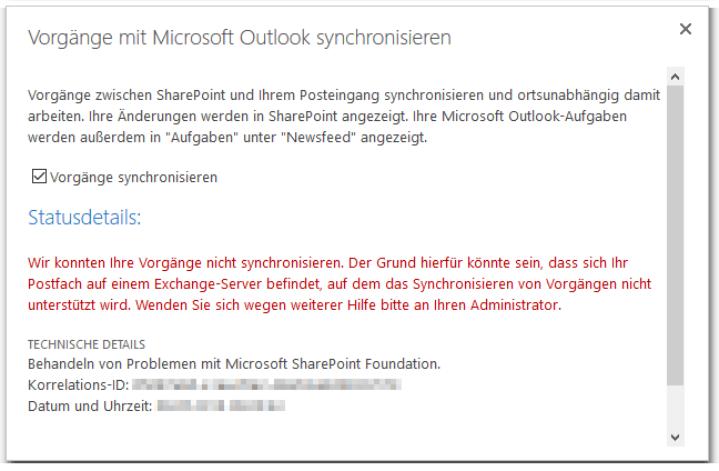 Vorgänge mit Microsoft Outlook synchronisieren – Wir konnten Ihre Vorgänge nicht synchronisieren – Event-ID: 8313