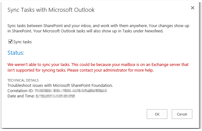 Sync Tasks with Microsoft Outlook - We weren't able to sync your tasks - Error - Wir konnten Ihre Vorgänge nicht synchronisieren - SharePoint 2013