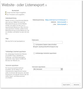 ZA - Export a site or list - Website oder Liste exportieren - _admin-SiteAndListExport.aspx - SharePoint 2013