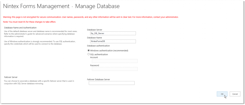 CA - ZA - Nintex Forms Management - Manage database - Database Server - Database Name - Create Database - SharePoint 2013