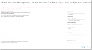 CA - ZA - Nintex Workflow Management - Database Setup - Add configuration database - SharePoint 2013