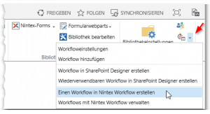 Dokumentenbibliothek - Reiter BIBLIOTHEK - Workfloweinstellungen PopUp Button - Einen Workflow in Nintex Workflow erstellen - Menü - Ribbon - SharePoint 2013