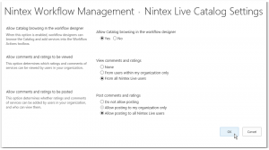 CA - ZA - Nintex Workflow Management - Nintex Live catalog settings - Allow Catalog Browsing in the workflow desinger - Yes - SharePoint 2013