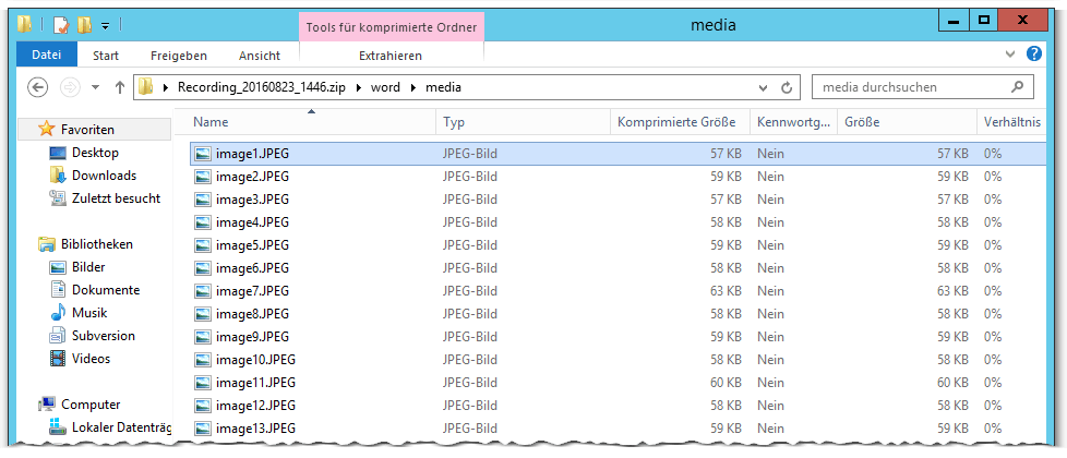 Windows Problem Step Recorder - PSR - Problemaufzeichnung - Schrittaufzeichnung - Word File docx - ZIP-File - word-media Ordner - Bilder