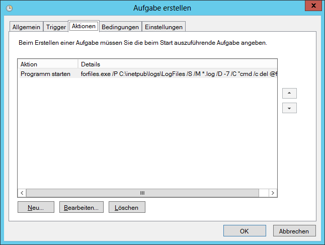 Windows Aufgabenplanung - Task Scheduler - Reiter Aktionen - IIS Log Cleanup - C-inetpub-logs-LogFiles nach X Tagen bereinigen