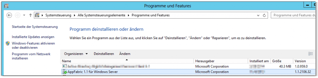 Systemsteuerung - Programme und Features - AppFabric 1.1 für Windows Server - 1.1.2106.32