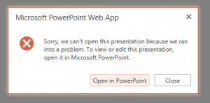 Encountered unexpected character - OWA - Office Web Apps - WAC - Microsoft PowerPoint Web App - Sorry, we can’t open this presentation because we ran into a problem - Error