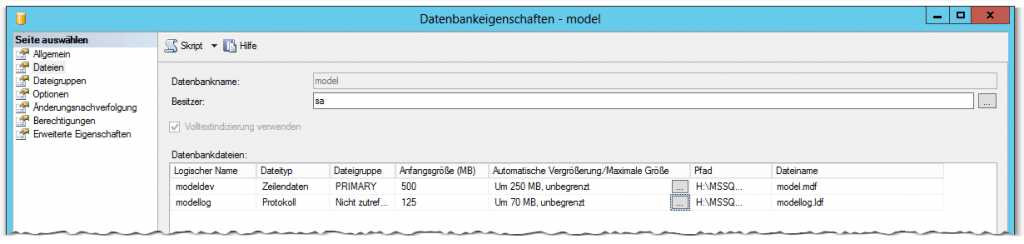SQL Server Empfehlungen für SharePoint - Initial Size - Autogrowth - model DB - Datenbankeigenschaften - model - Dateien - Anfanggröße - Automatische Vergrößerung - Maximale Größe - Jahreswachstum - Optimal