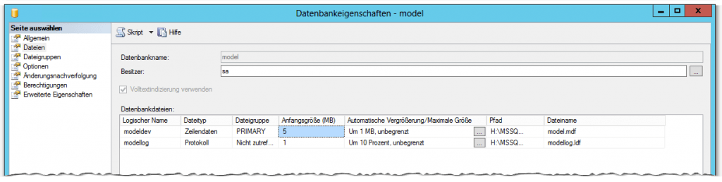 SQL Server - model DB - Datenbankeigenschaften - model - Dateien - Anfanggröße - Automatische Vergrößerung - Maximale Größe - Standard