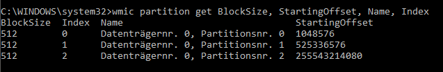 CMD - wmic partition get BlockSize - StartingOffset Name - Index