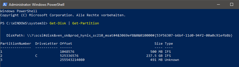 PowerShell - Get-Disk - Get-Partition - PartitionNumber - DriveLetter - Offset - Size - Type