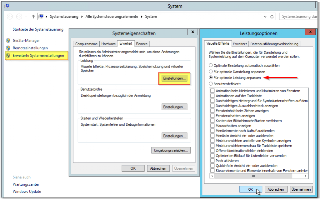 System - Erweiterte Systemeinstellungen - Leistung Einstellungen - Für optimale Leistung anpassen - Visuelle Effekte deaktivieren - Windows Server 2012