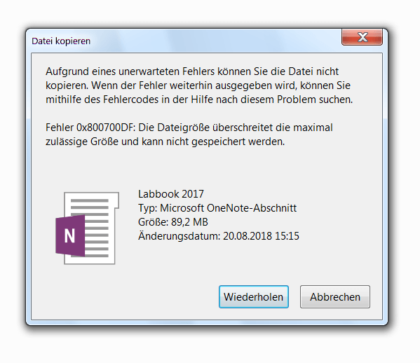 Fehler 0x800700DF: Die Dateigröße überschreitet die maximal zulässige Größe und kann nicht gespeichert werden