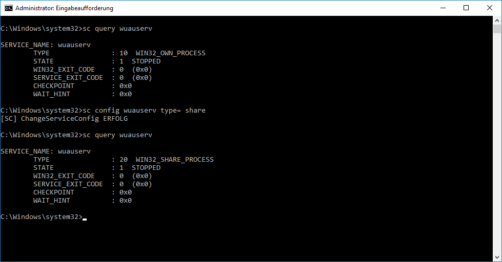 Windows Update Error Code 0x80070006 - Windows Update Dienst (wuauserv) - sc config wuauserv type= share