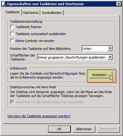 Eigenschaften von Taskleiste und Startmenü - Infobereich - Anpassen... Button - Windows 7 - Server 2008 R2