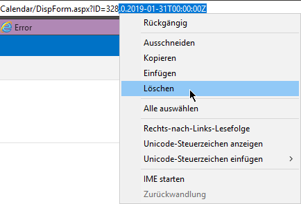 Calendar - ID bereinigen - Internet-Explorer - Kontextmenü Löschen