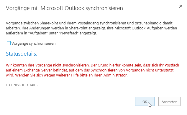 Vorgänge mit Microsoft Outlook synchronisieren – Wir konnten Ihre Vorgänge nicht synchronisieren – Workaround