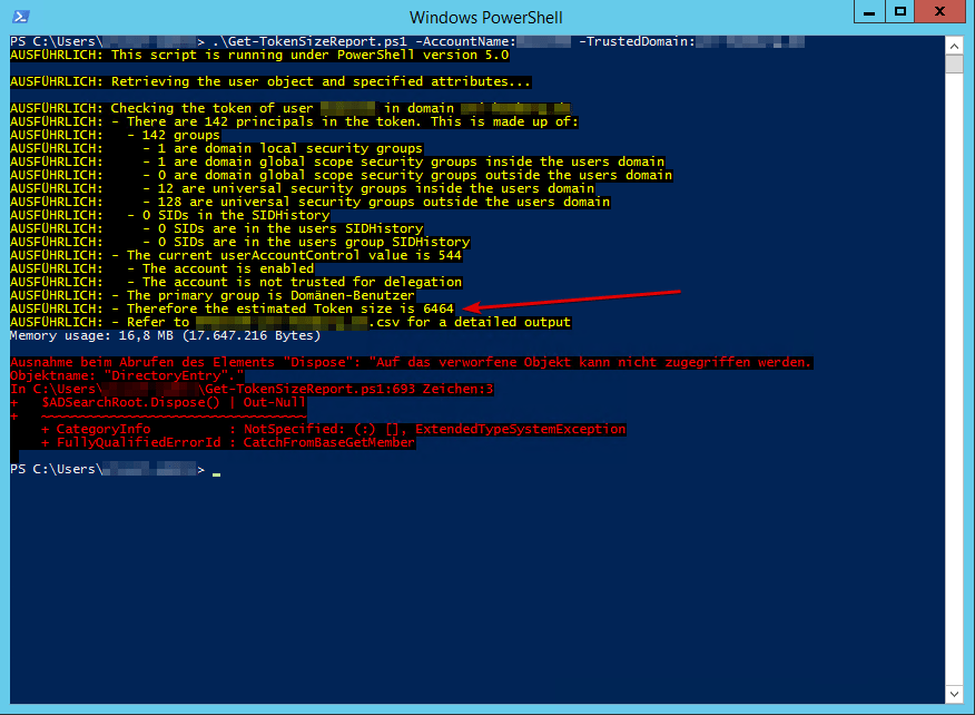 The specified network name is no longer available - Kerberos MaxTokenSize - Get-TokenSizeReport.ps1 -AccountName -TrustedDomain - PowerShell Ausgabe